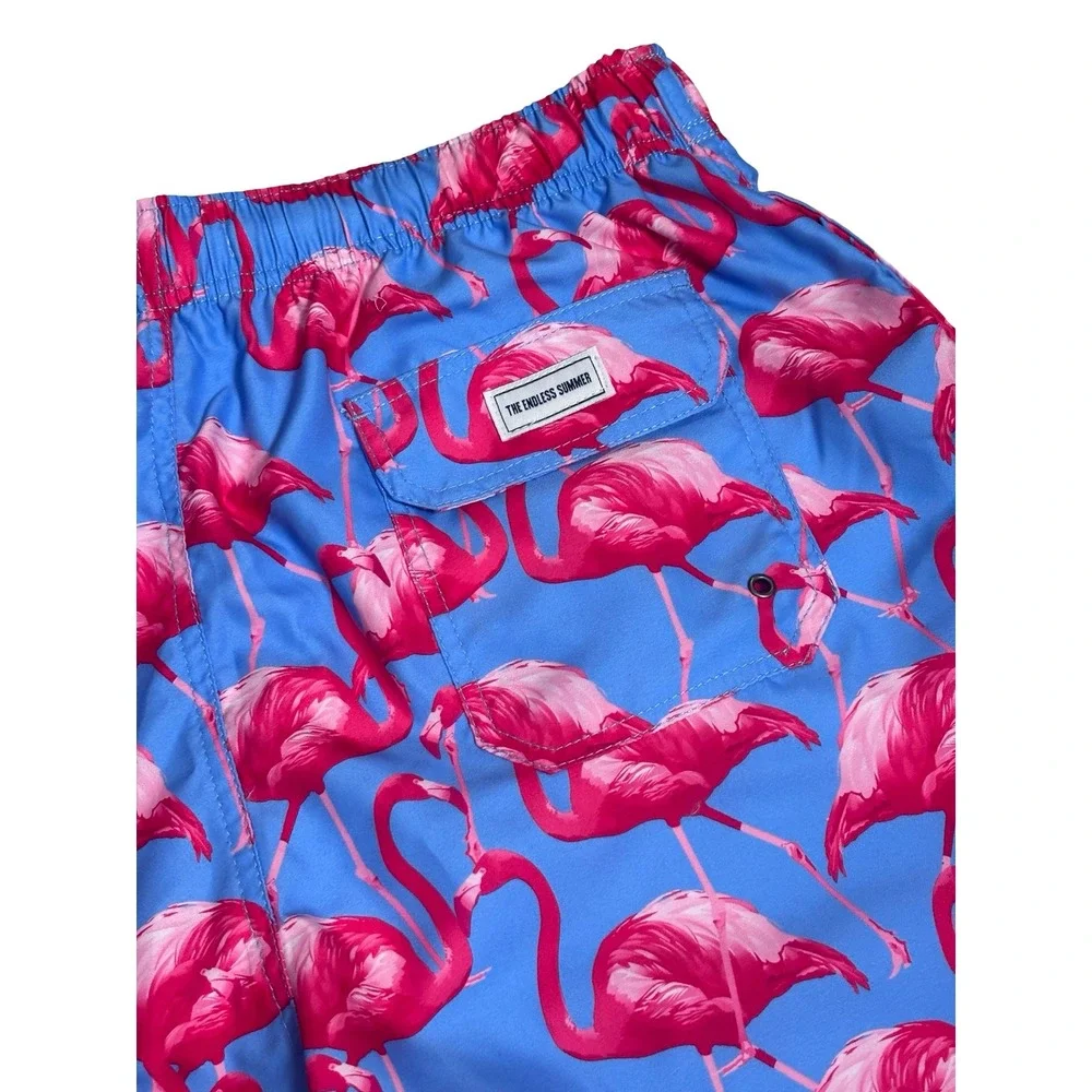 The Endless Summer Mens Large Flamingo Print Swim Trunks Blue‎ Pink Polyester